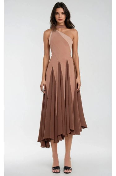 Chip One Shoulder Asymmetric Ruffle Midi Dress