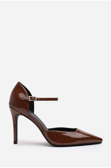 Tiana Brown Pointed Toe Stilleto Court Heeled Shoe with Buckle Strap