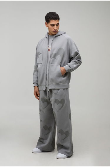 Oversized Boxy Heart Applique Hoodie and Wide Leg Tracksuit - charcoal