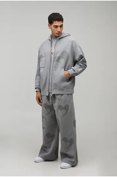 Oversized Boxy Heart Applique Hoodie and Wide Leg Tracksuit - charcoal