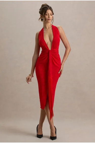 فستان ميدي ساتان ديفور بياقة عميقة بشراشيب - أحمر