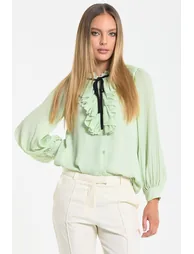 Mint Tie Neck Pleated Sleeve Frill Blouse - 1