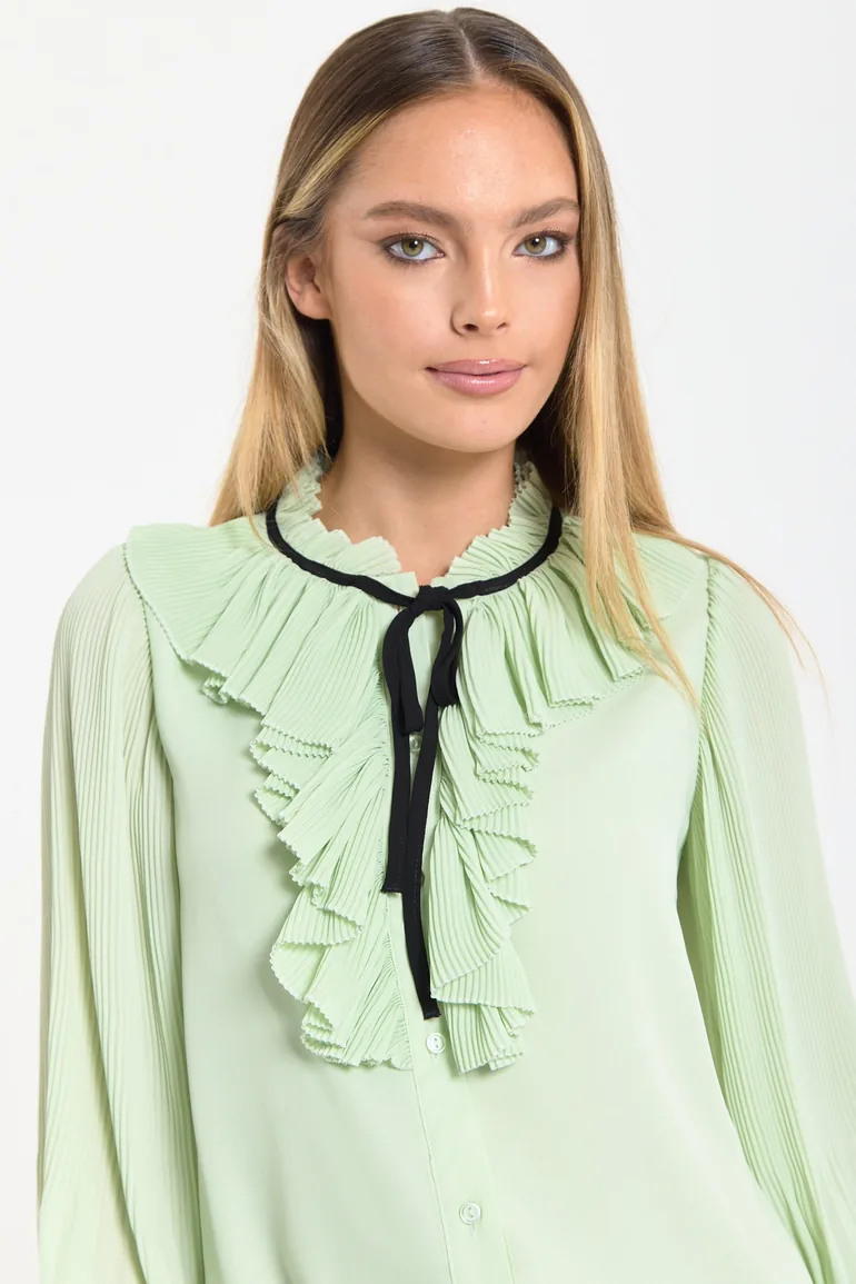 Mint Tie Neck Pleated Sleeve Frill Blouse - 7
