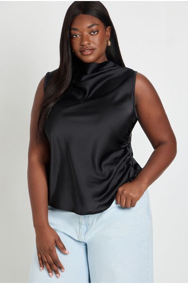 Plus Satin Drape Ruched Side Top - black
