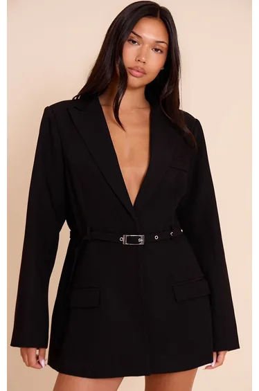 Black Woven Tailored Blazer Dress
