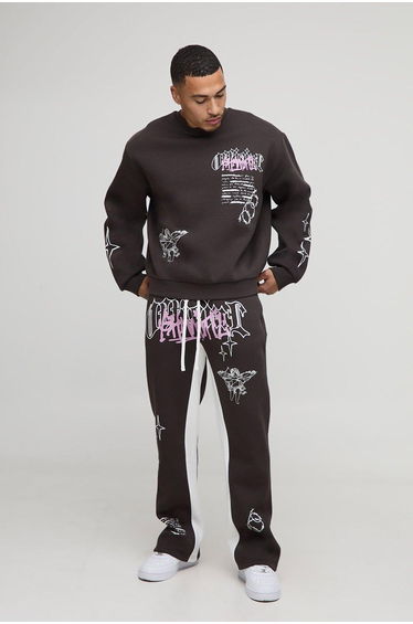 Oversized Boxy Graffiti Sweatshirt & Regular Gusset Jogger Tracksuit - brown
