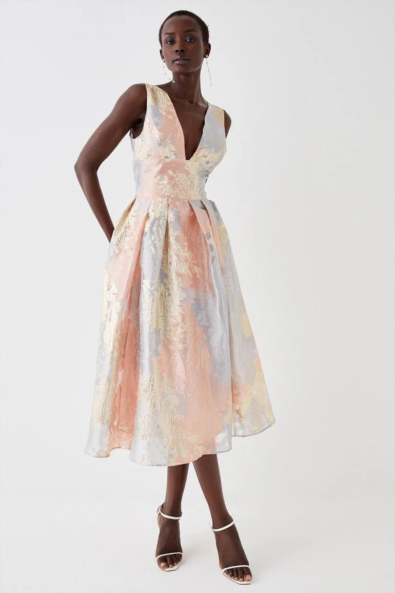 Shop Plunge Neck Metallic Jacquard Midi Dress Online in Iraq