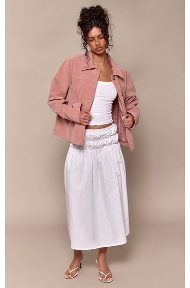 White Cotton Shirred Drop Waist Midi Skirt