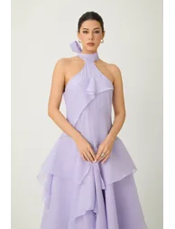 فستان سانفير شيفون بنفسجي ماكسي على شكل حرف A بياقة هالتر - 6