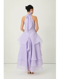 فستان سانفير شيفون بنفسجي ماكسي على شكل حرف A بياقة هالتر - 5