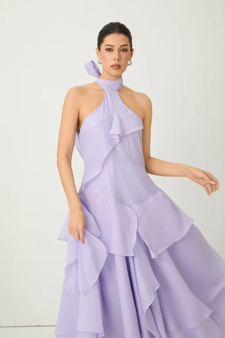 فستان سانفير شيفون بنفسجي ماكسي على شكل حرف A بياقة هالتر - 1