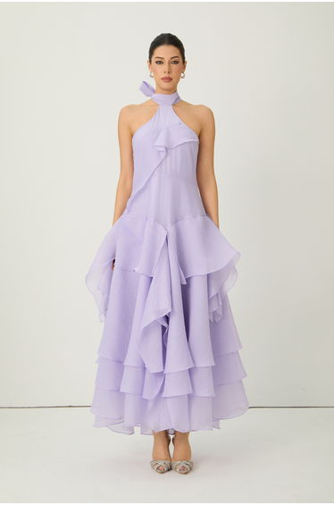 Always Turning Heads Purple Halter Neck Tiered Ruffle Maxi Dress