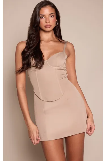 Taupe Woven Corset Detail Mini Bodycon Dress