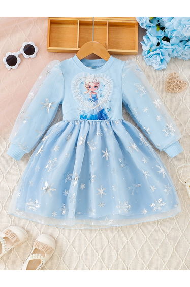 Girls Graphic Print Puff Sleeve Mesh Dress