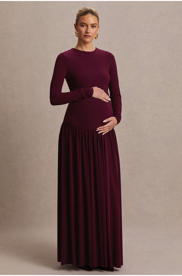 Monroe | Burgundy Crew-Neck Maternity Maxi Dress With Drop-Waist