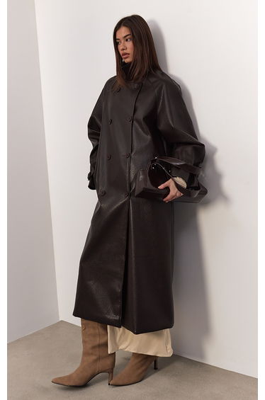 Dark Chocolate Textured Faux Leather Trench Coat