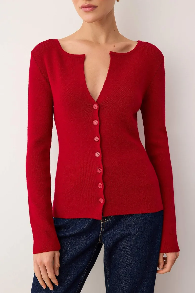Burgundy Premium Yarn/Special Yarn Fitted/Wool Knitwear Cardigan - 2