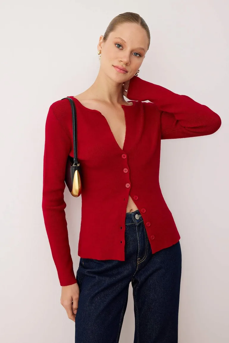 Burgundy Premium Yarn/Special Yarn Fitted/Wool Knitwear Cardigan