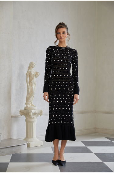 Chloé Black Long Sleeve Studded Crochet Knit dress