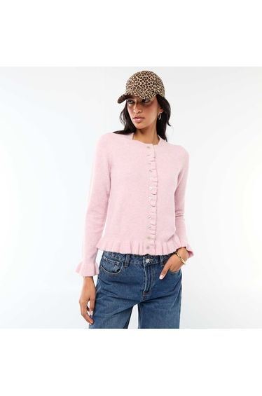 Marled Knit Cardigan with Wavy Details PINK