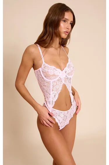 Pink Split Front Detail Lace Corset Lingerie Set