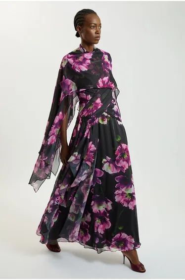Floral Print Crinkle Cross Front Georgette Woven Maxi Dress