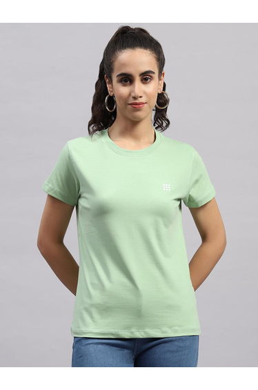 Women Green Solid Round Neck Short Sleeve Top