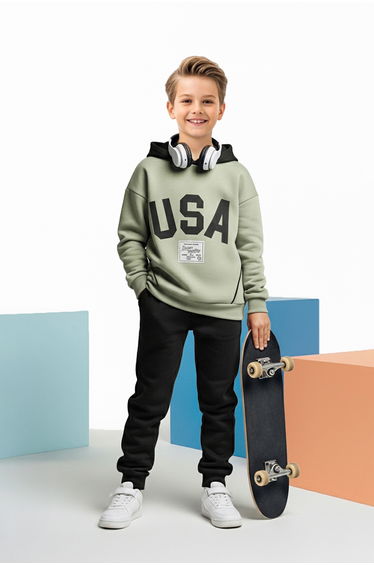 Stone*001 Boys' Cotton Printed Hooded Oversize Knitted Bottom - Top Set