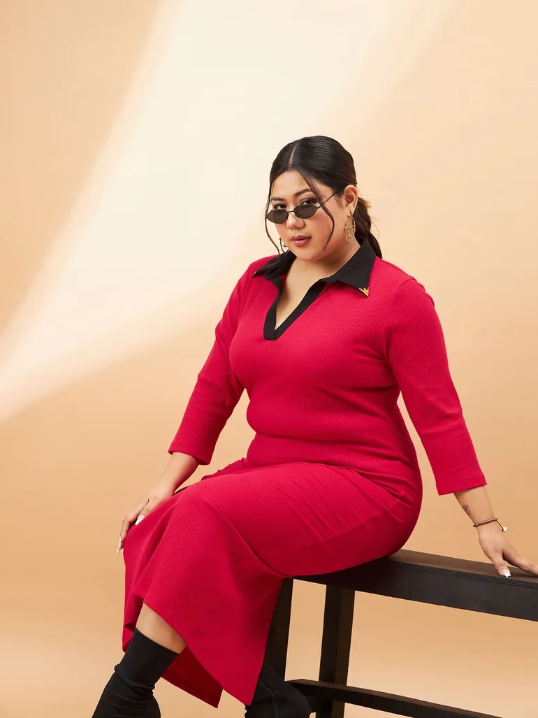 Ribbed Contrast Collar Bodycon Midi Dress - 1