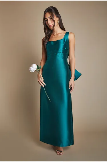 Twill Sleeveless Column Bridesmaid Dress with Statement Bow Back