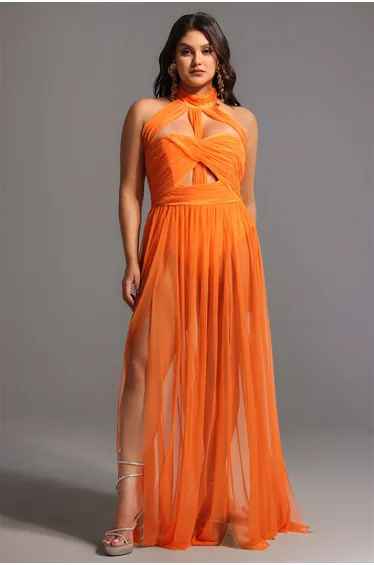 Rivka Halterneck Twist Mesh Maxi Dress