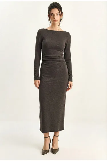 LUCCI Boat Neck Bodycon Midi Dress with Drape Detail