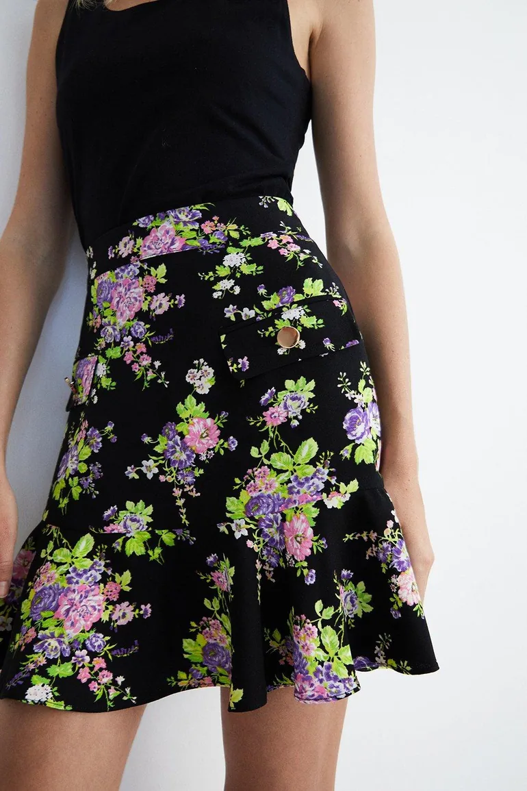 Floral Mini Skirt With Gold Buttons