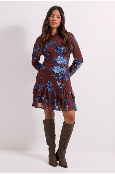 Petite Tiered Skirt Printed Mesh Mini Dress