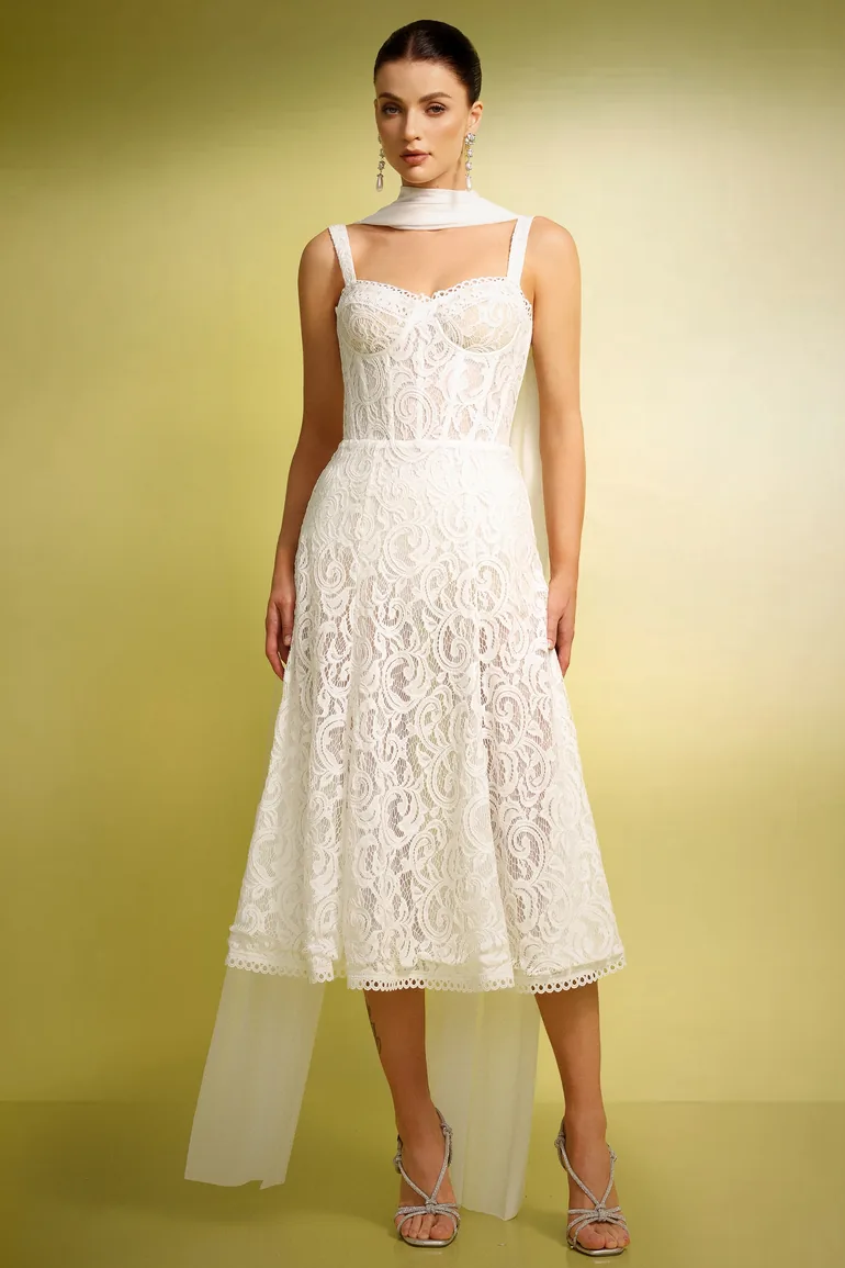 sleeveless corset fit midi dress Junya Lace Corset Sleeveless Midi Dress Bella Barnett White : Bridal Dresses  : VogaCloset Iraq