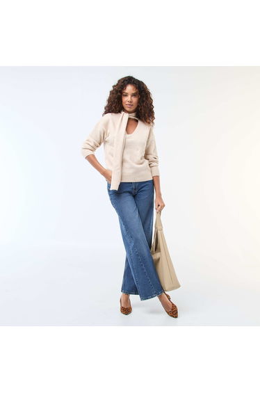 Chunky Knit Sweater with Scarf BEIGE