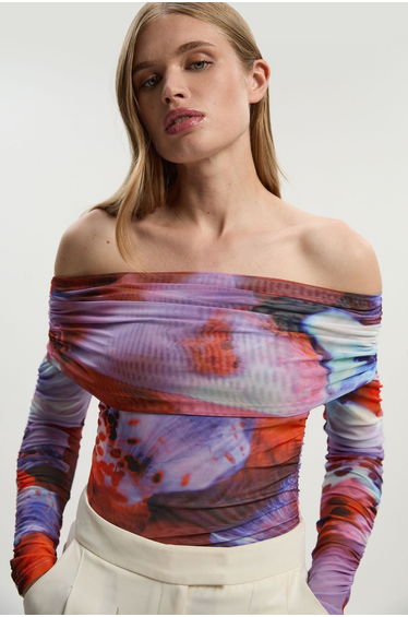 Floral Printed Mesh Off The Shoulder Bodysuit