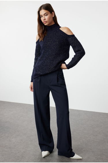 Navy Blue Glitter Window/Cut Out Detailed Knitwear Sweater