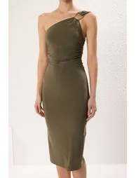 Khaki Plain Midi Asymmetric Single Sleeve Accessory Detail Pleated Bodycon Knitted Dress - 2