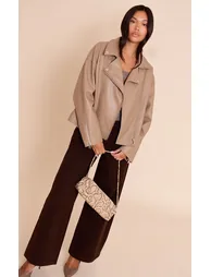 Taupe Faux Leather Oversized Biker Jacket - 2