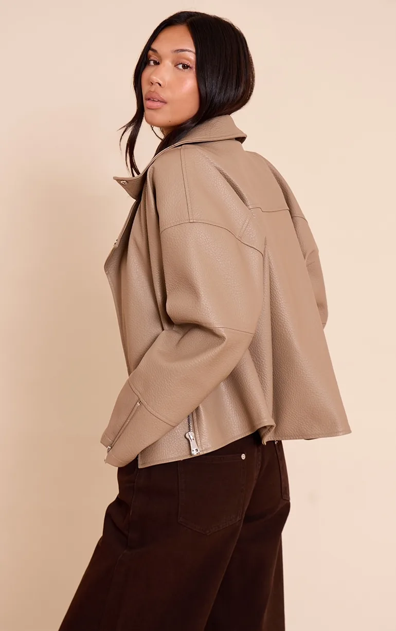 Taupe Faux Leather Oversized Biker Jacket - 1