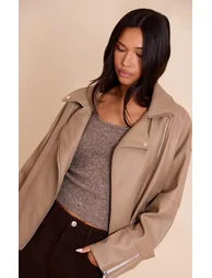 Taupe Faux Leather Oversized Biker Jacket