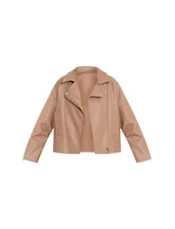 Taupe Faux Leather Oversized Biker Jacket - 4
