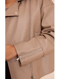 Taupe Faux Leather Oversized Biker Jacket - 3