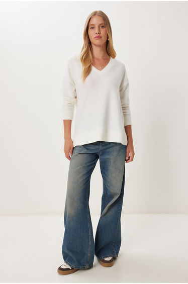 Women's Ecru Soft Texture Basic Knit Sweater