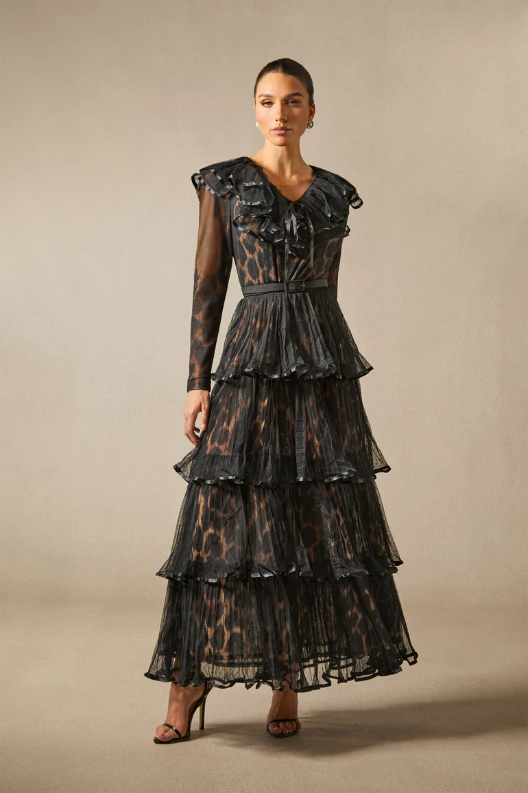 فستان ماكسي بطبقات متدرجة بكشكش بطبعة ليوبارد - 2