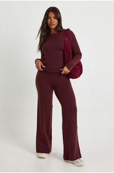 Super Soft Button Cuff Detail Oversized Jumper and Wide Leg Trouser Co-Ord - burgundy