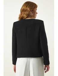 Women's Black Wide Pocket Stylish Woven Jacket - 4