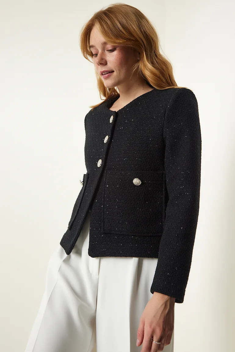 Women's Black Wide Pocket Stylish Woven Jacket - 2