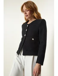 Women's Black Wide Pocket Stylish Woven Jacket - 2
